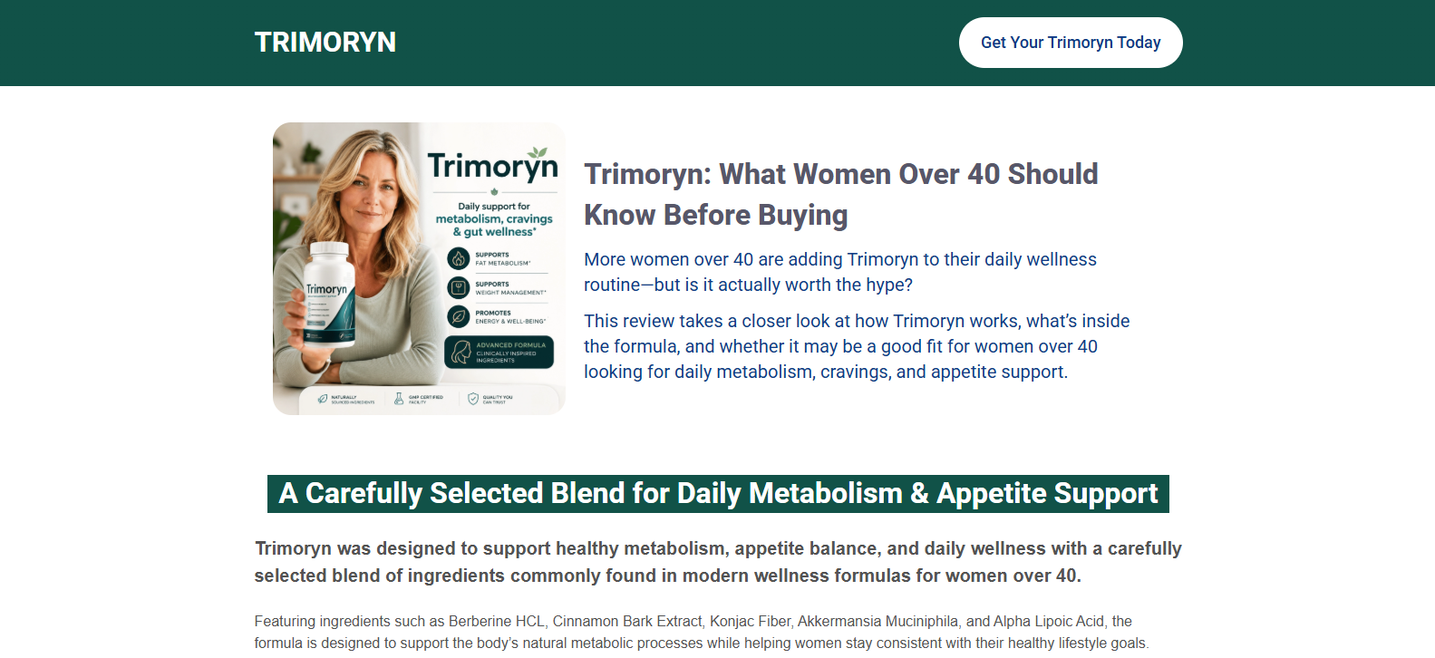 Trimoryn product guide for women over 40 with information about daily metabolism and appetite support